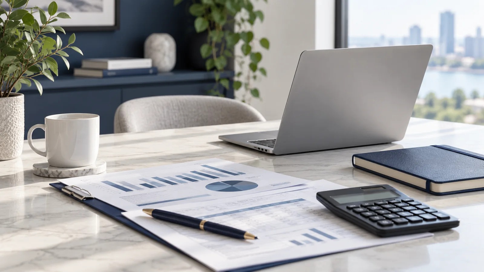 Laptop, calculator and financial documents on a clean office desk
